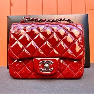 Chanel Patent Leather Classic Mini Square Flap Bag Dark Red Authentic RARE！
